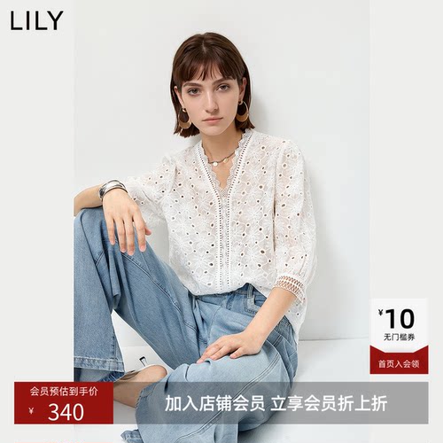 LILY2026夏新款女装莱赛尔混纺法式V领蕾丝七分袖白色套头雪纺衫