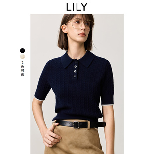 100%绵羊毛 LILY2025春新款 商场同款 女 女装 老钱风POLO领针织衫