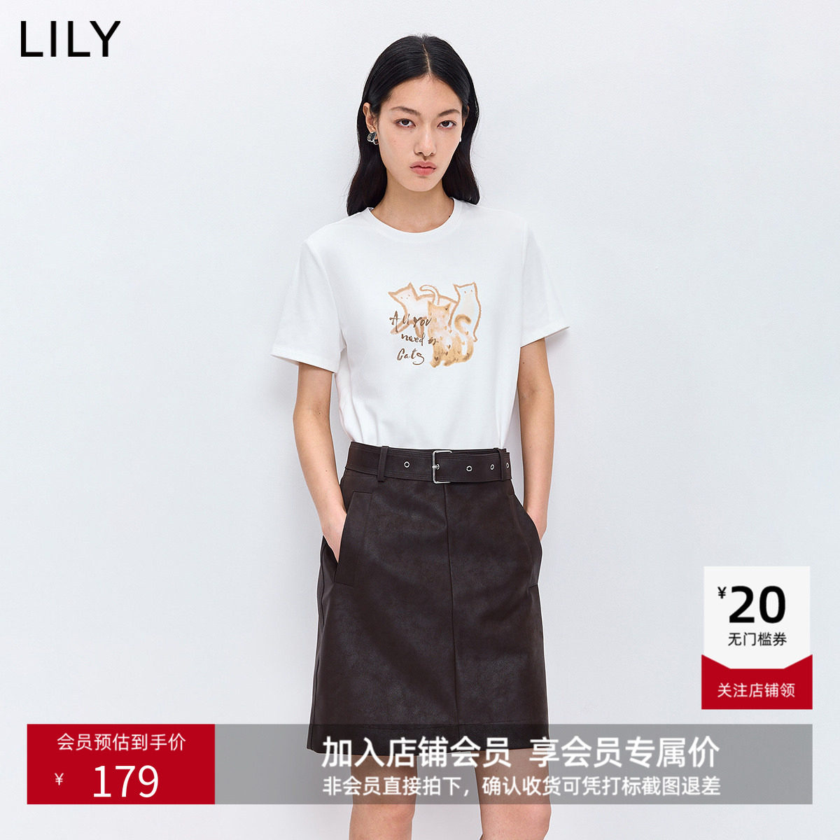 LILY2026春新款简约撞色猫咪图案休闲白色圆领短袖T恤内搭上衣女