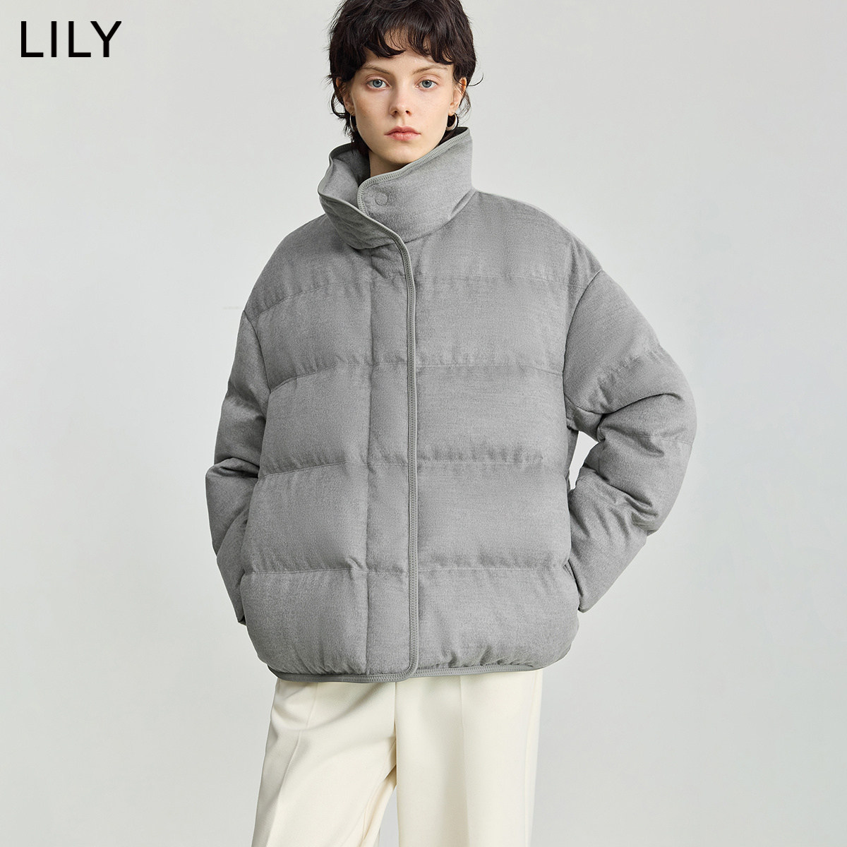 LILY2025冬新款女装含羊毛简约立领90鸭绒宽松百搭羽绒服外套短款