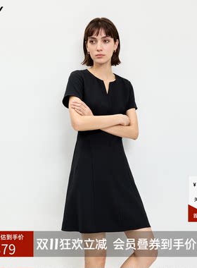 LILY2026夏新款女装简约纯色圆领V领收腰休闲通勤修身短袖连衣裙