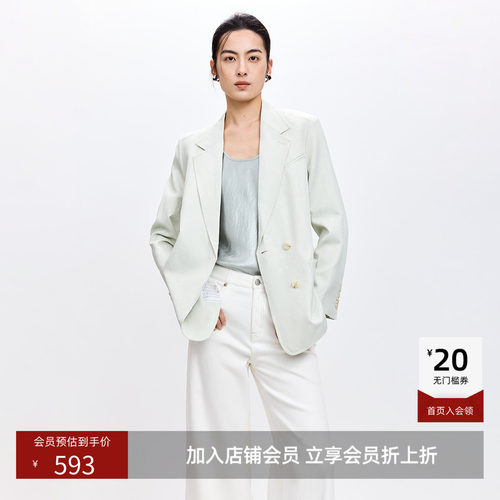 LILY2026春新款女装含亚麻欧若风双排扣气质通勤浅绿色西装外套