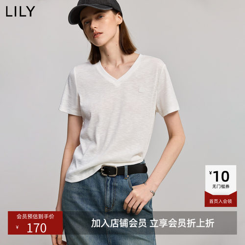 LILY夏新款女装简约肌理感休闲基础款V领气质百搭短袖T恤上衣