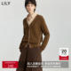 LILY冬新款 羊毛混纺复古V领撞色休闲通勤棕色针织开衫 外套女