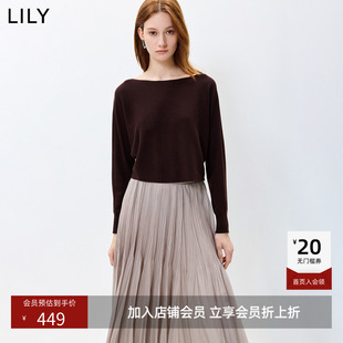LILY2026秋新款女装复古一字肩蝙蝠袖宽松休闲通勤深色套头针织衫
