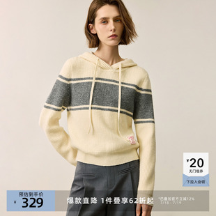 LILY奥莱冬新款 女毛衣 女装 绵羊毛混纺撞色条纹抽绳连帽百搭针织衫