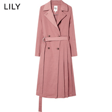 Lily女装商务不对称压褶收腰修身长款风衣