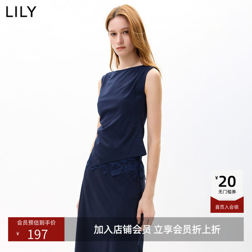 LILY2026夏新款莫代尔混纺复古抽褶收腰不对称休闲藏青色雪纺衫女
