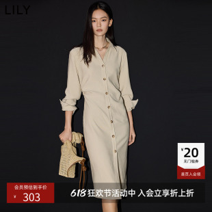 LILY春简约通勤宽松休闲收腰显瘦衬衫裙卡其色连衣裙长裙女