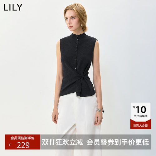 LILY2026秋新款女装格雷系设计感不对称收腰深色无袖针织开衫马甲