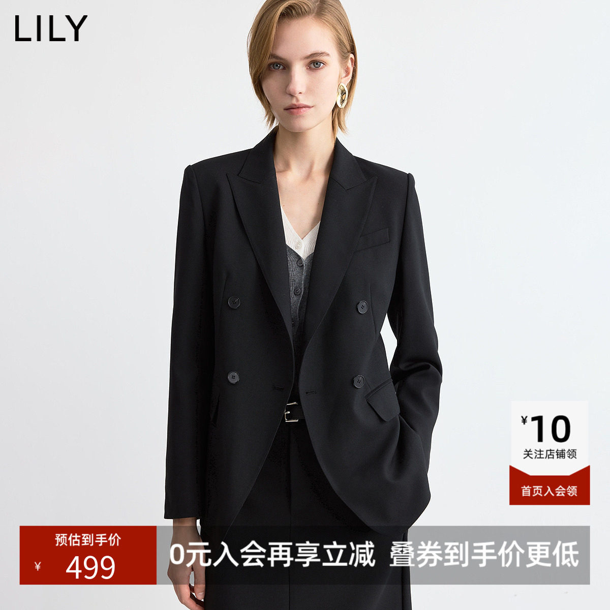 LILY2026冬新款女装羊毛混纺复古宽松通勤轻商务黑色西服西装外套