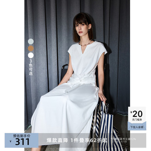 LILY奥莱夏季 宽肩显瘦纯色连衣裙 新品 V领收腰修饰身型遮肉小飞袖