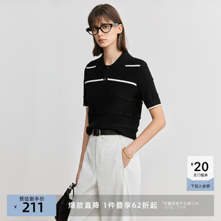 LILY2025春新款 女装 经典 复古POLO领撞色百搭职业通勤黑色针织衫
