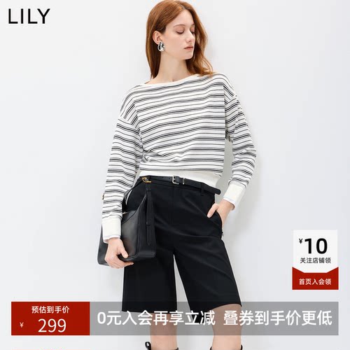 LILY2026秋新款莱赛尔混纺复古撞色条纹宽松通勤长袖套头针织衫女