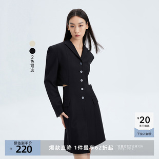 LILY奥莱春新款 连衣裙 女装 别致洋气露腰纯色通勤西装