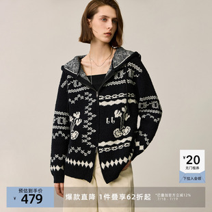 LILY奥莱冬新款 外套 女装 复古黑白撞色费尔岛连帽休闲百搭针织开衫