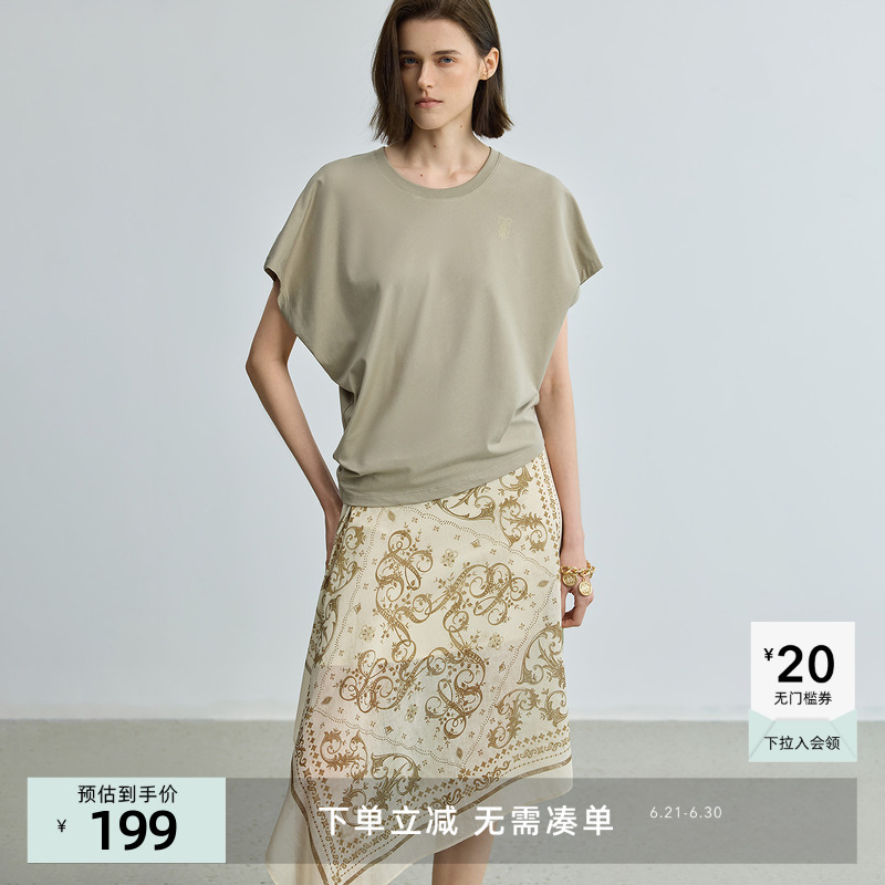 LILY2025秋新款女装含莱赛尔蝙蝠袖刺绣宽松休闲通勤纯色T恤上衣