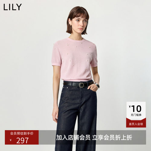 ~LILY2026夏新款简约钉珠通勤浅粉色短袖圆领套头针织衫毛衣女