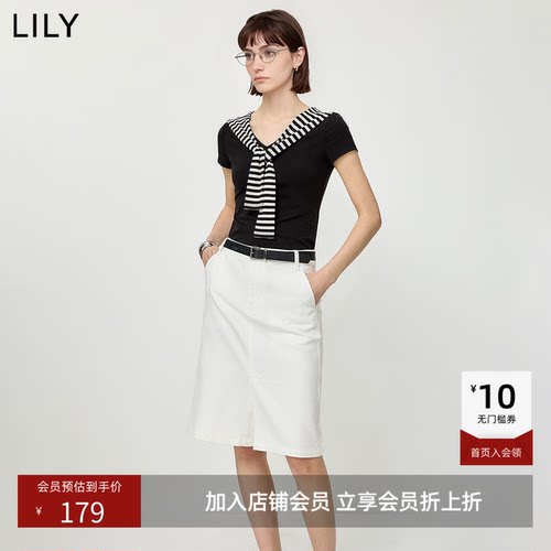 ~LILY2026夏新款女装莱赛尔海军领V领条纹披肩休闲通勤短袖T恤
