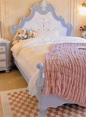 法式实木彩绘床公主宫廷床儿童手绘卧室床复古粉色蓝色床美式定制