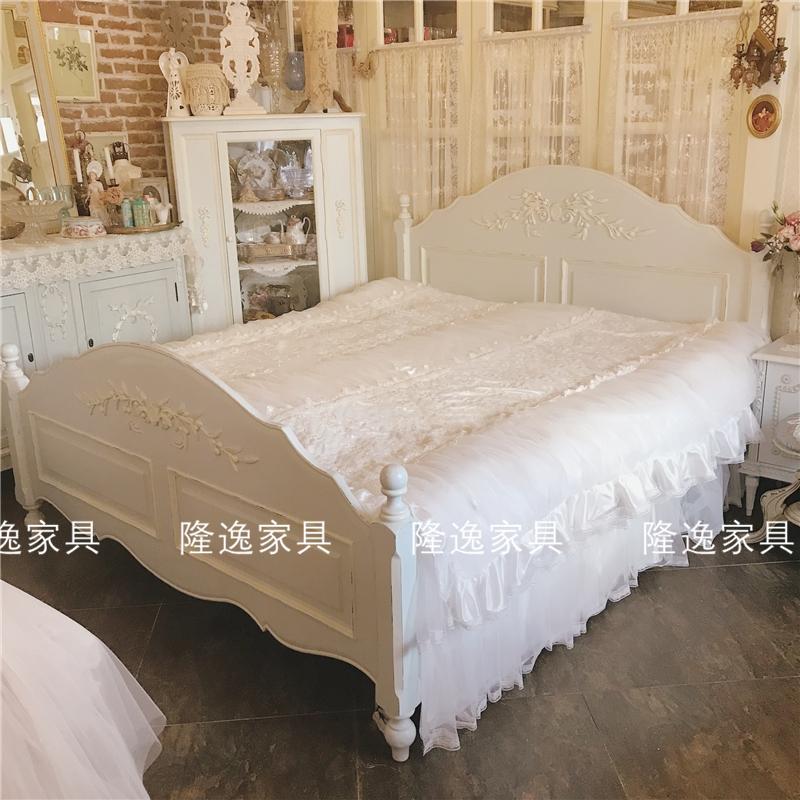 复古美式雕花公主床实木主卧婚床欧式小户型桦木做旧白色双人床