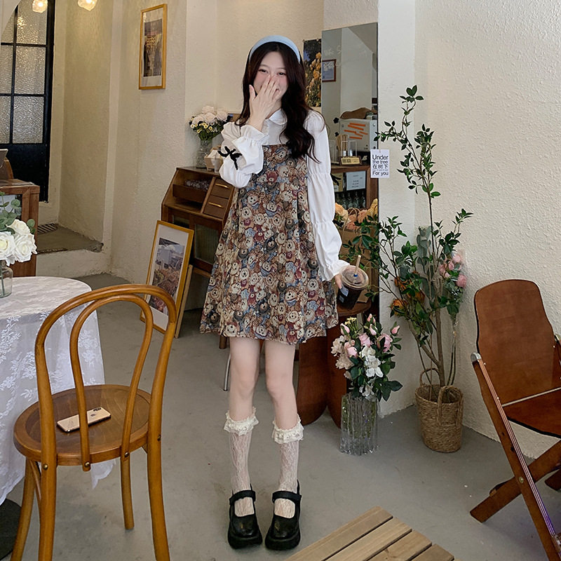 春秋甜美蝴蝶结假两件背带裙