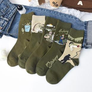 欧美风高腰袜子男秋冬纯棉个性 军绿色创意长筒情侣女外穿运动 工装