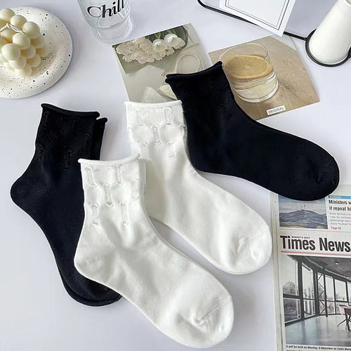 女纯棉破洞袜子卷边堆堆袜