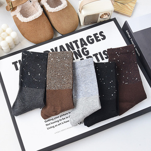 亮片满天星秋冬袜子女中筒纯棉百搭时尚 洋气咖色灰色饰品外穿长袜