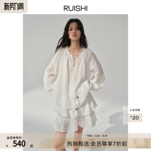 绑带上衣女春夏 100苎麻木耳边长袖 RUISHI芮时 莫瑞花园