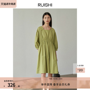 连衣裙女春夏 复古方领高腰显瘦减龄泡泡袖 RUISHI芮时 2ways法式