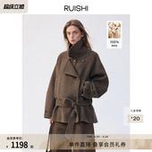 RUISHI芮时冬日来信 毛呢外套女冬 100美利奴立绒羊毛大衣廓形短款