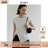 上衣女夏季 RUISHI芮时 100纯棉不规则设计感纽结宽肩圆领t恤无袖