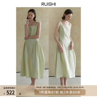 RUISHI芮时 薄荷曼波纯棉气质修身 方领花苞连衣裙长裙女夏季
