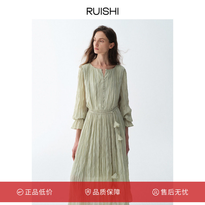 RUISHI芮时“烂漫帧影”浪漫手工压褶荷叶边花朵可拆卸腰带连衣裙图片