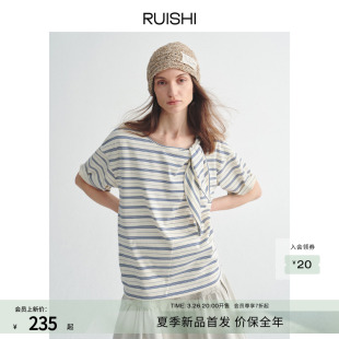 条纹海军风减龄绑带短袖 不规则经典 T恤女夏 海风手札 RUISHI芮时