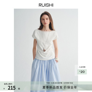 T恤女夏 100棉一字领花边拼接收腰短袖 RUISHI芮时 梧桐影木