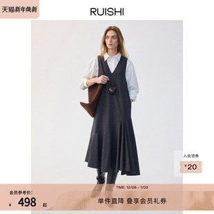 RUISHI芮时 羊毛混纺不对称裙摆v领叠穿连衣裙女冬 长岛暮歌