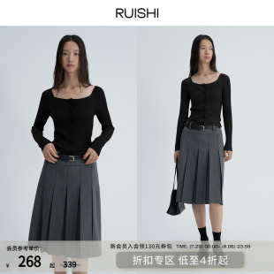 方领针织衫 RUISHI芮时 修身 68支精纺纱复古时髦粗坑条长袖 女春 衫