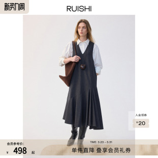 RUISHI芮时 羊毛混纺不对称裙摆v领叠穿连衣裙女冬 长岛暮歌