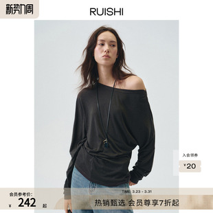 弹力斜肩收腰长袖 慵懒法式 T恤上衣女春夏 慵懒假日 RUISHI芮时