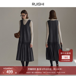 RUISHI芮时 背心裙A字显瘦连衣裙女冬 手工塔克褶羊毛混色V领无袖