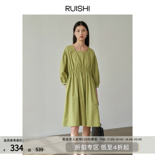 RUISHI芮时 连衣裙女春夏 2ways法式 复古方领高腰显瘦减龄泡泡袖