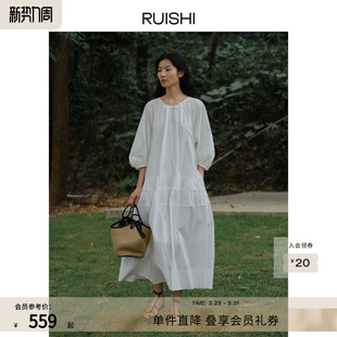 a字连衣裙女夏季 灯笼袖 100纯棉日常通勤七分袖 RUISHI芮时