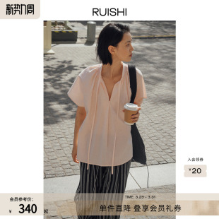 女夏季 显瘦衬衫 桑蚕丝混纺棉感气质圆领飘带上衣短袖 RUISHI芮时