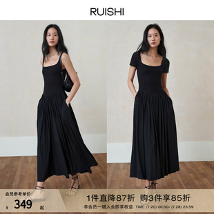 法式 RUISHI芮时 优雅双面针织V型裙身收腰方领小黑裙连衣裙女春夏