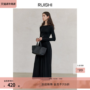 连衣裙女秋季 显瘦简约长袖 腰部抽褶设计伞裙裙摆修身 RUISHI芮时