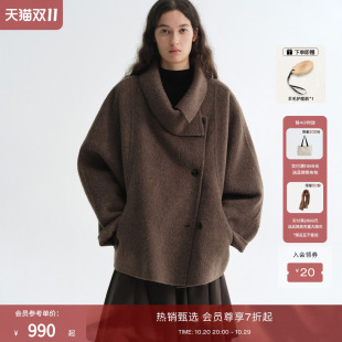 RUISHI芮时“暮城闲步”骆驼绒羊毛混纺短款不对称双面尼大衣女冬