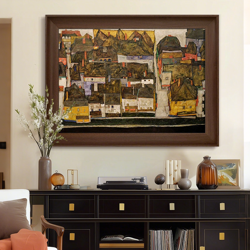席勒名画《河上的屋墙》复古艺术画沙发客厅装饰画高级感玄关挂画