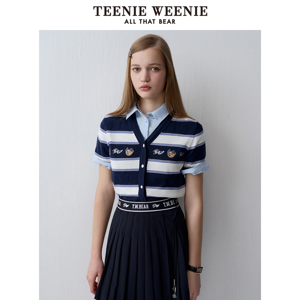 TeenieWeenie小熊奥莱夏季个性条纹V领针织开衫短袖毛衫